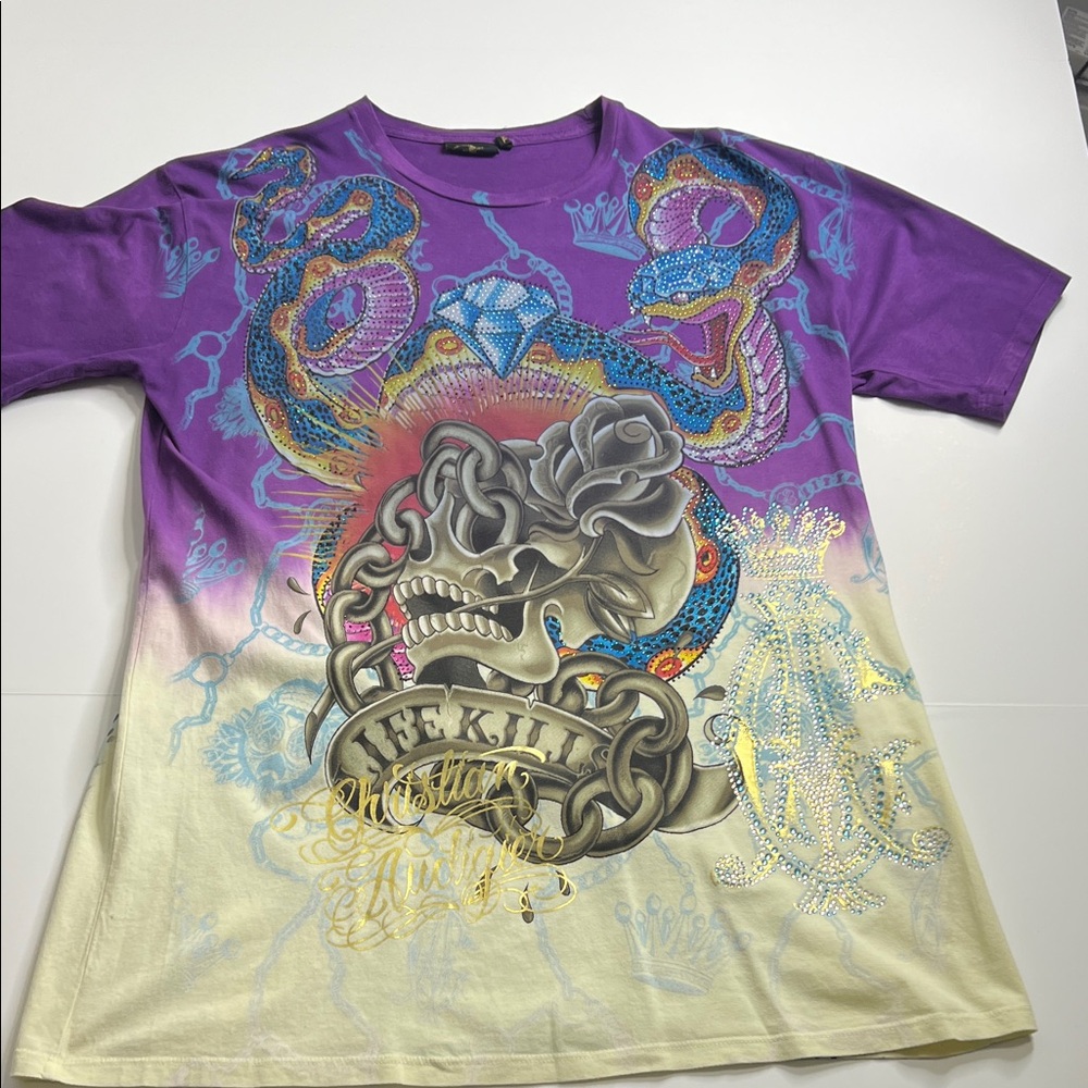 Christian Audigier Purple and Cream Graphic Tee Rhinestones